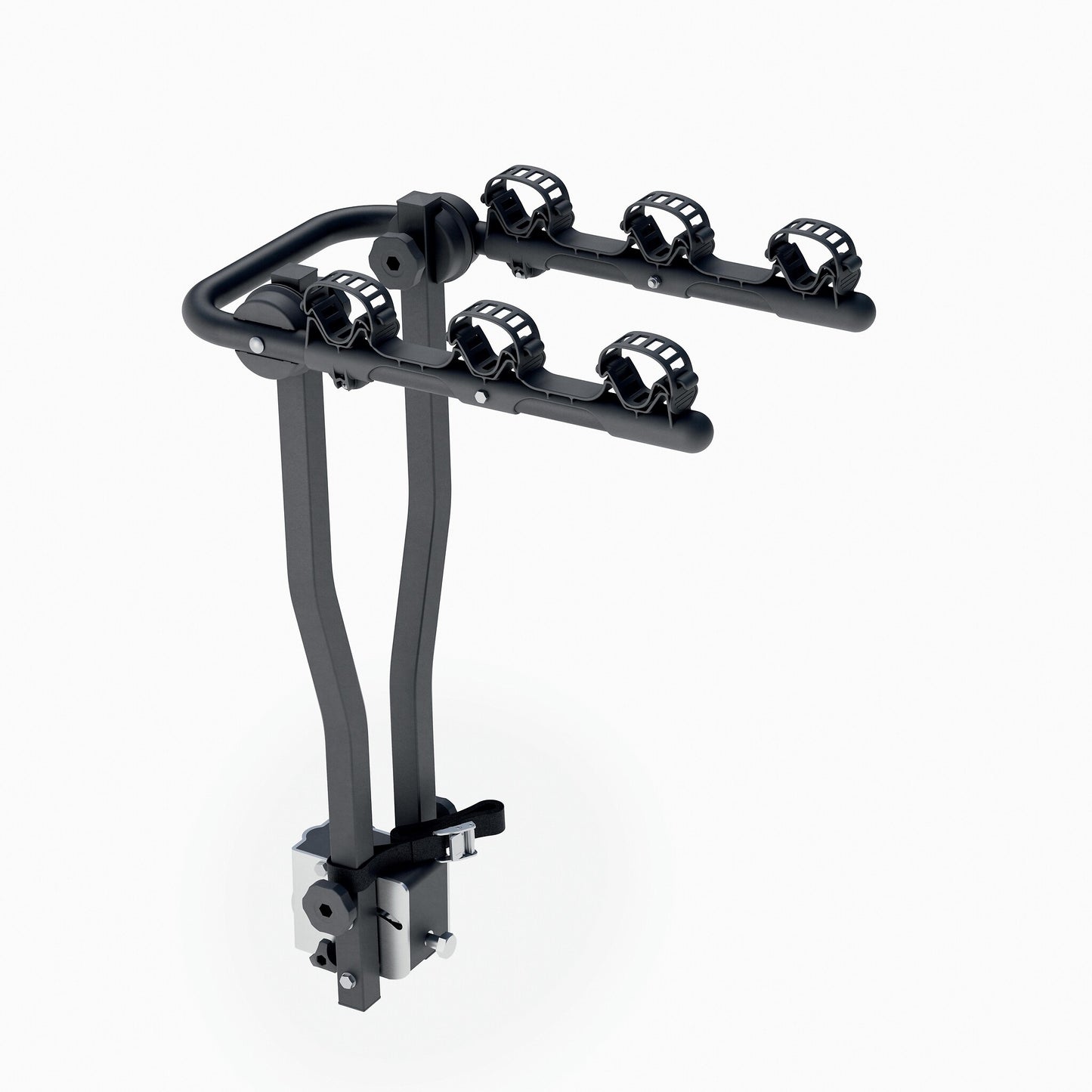 Towbar-mounted bicycle rack for 3 suspended bikes